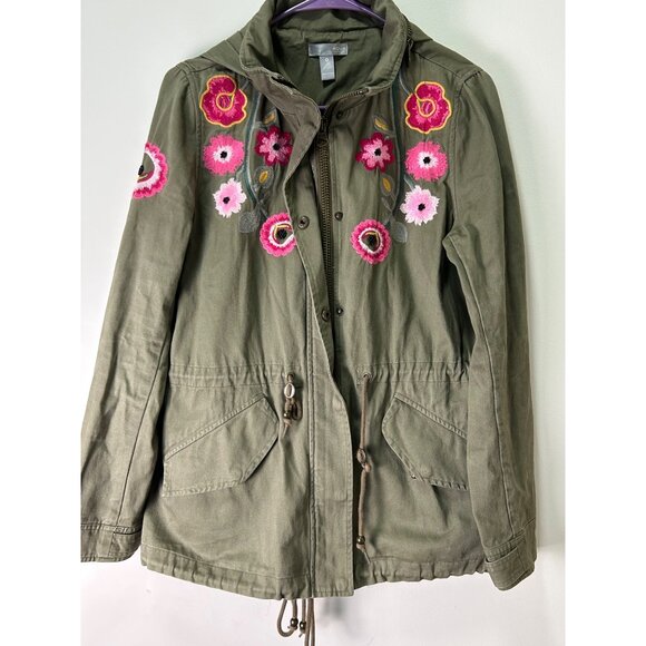 Olive Green Embroidered Floral Military Utility Jacket By Aqua Capsule Rugged - Picture 7 of 11